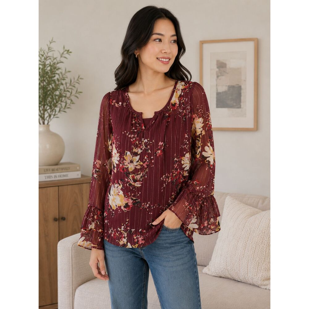 APT. 9 Sz S Burgundy Floral Sheer Blouse 2 Piece Tank Ruffle Bell Sleeve Top #14